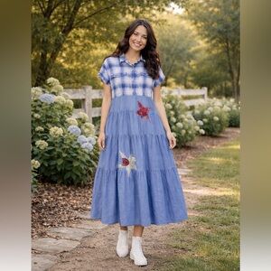 Upcycled tiered midi dress with flannel stars patchwork, by Susie,